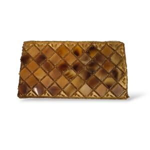 Jivana Faux Tortoiseshell Plastic Tile Seed Bead Zipper Bag Vintage Brown Gold